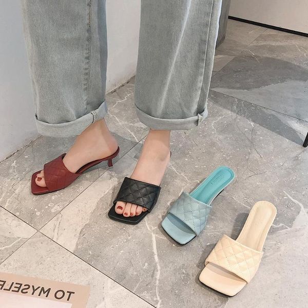 

2020 square toe slippers women sandals summer peep toe med high heel 4cm shoe woman embroidery mule simple outdoor red slipper, Black