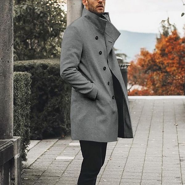 

autumn winter casual overcoat trench mens wild standing collar single-breasted coats jacket slim solid long trench jackets, Tan;black
