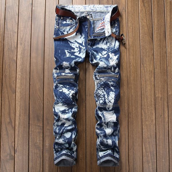 

new 2020 fashion men jeans straight good quality casual denim with hole print jeans england style, Blue