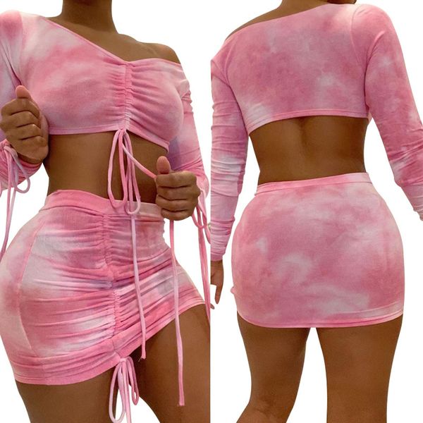 

женщины йога set tie dye печати с длинным рукавом обрезанные рубашка высокой талией юбка повседневная йога костюм sexy двухкусочный бинты же, White;red
