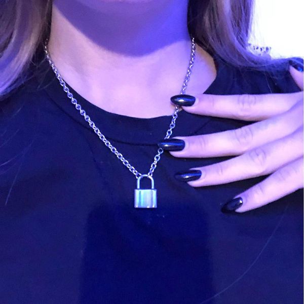 

chains rock choker lock necklace layered chain on the neck with punk jewelry mujer key padlock pendant for women gift, Silver