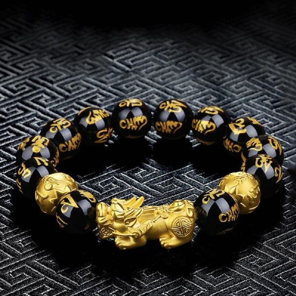 

feng shui obsidian stone beads bracelet men women wristband gold black pixiu wealth and good luck bracelet jewelry, Golden;silver