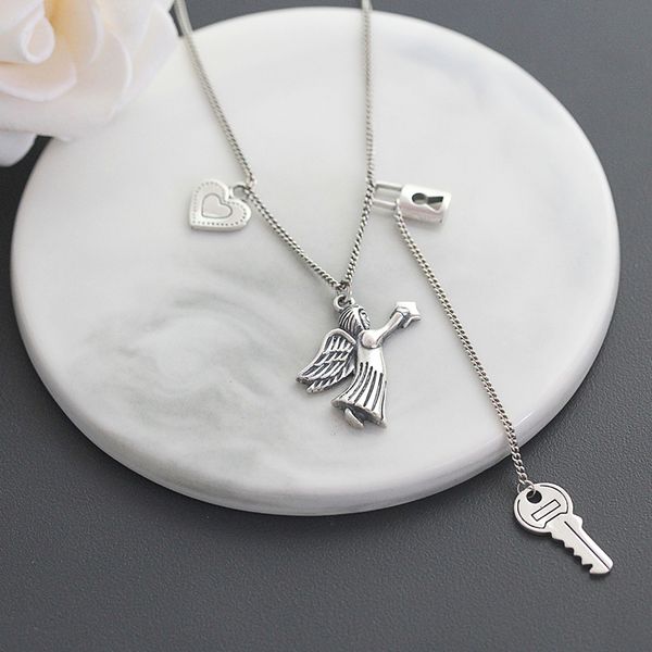 

vintage handmade love heart angel key lock thai silver color necklace for women jewlery gifts wholesale s-n652