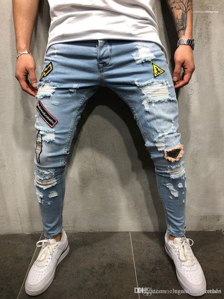 

синий карандаш jean брюки hiphop street брюки мужские рваные тонкий джинсы fit эмблема вышитые дизайнер denim, Blue