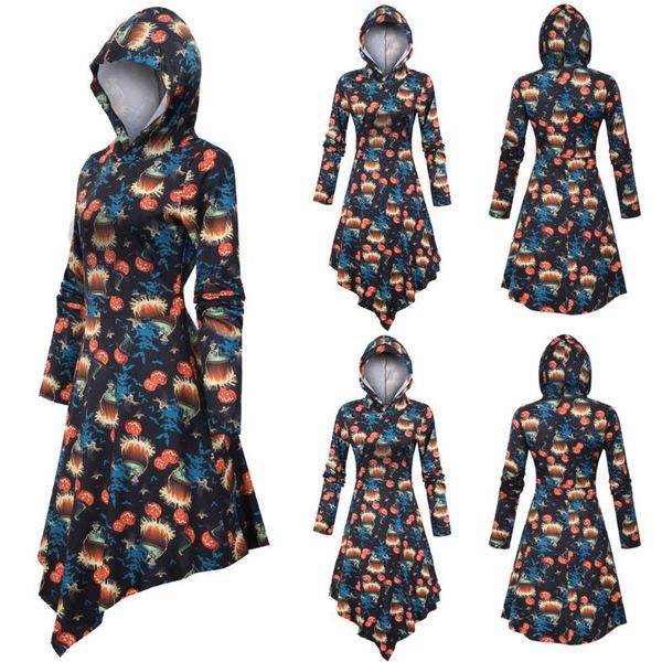 

robe vintage dress women 3d halloween print long sleeve hooded asymmetric dress plus size women clothes robe grande taille femme, Black;gray