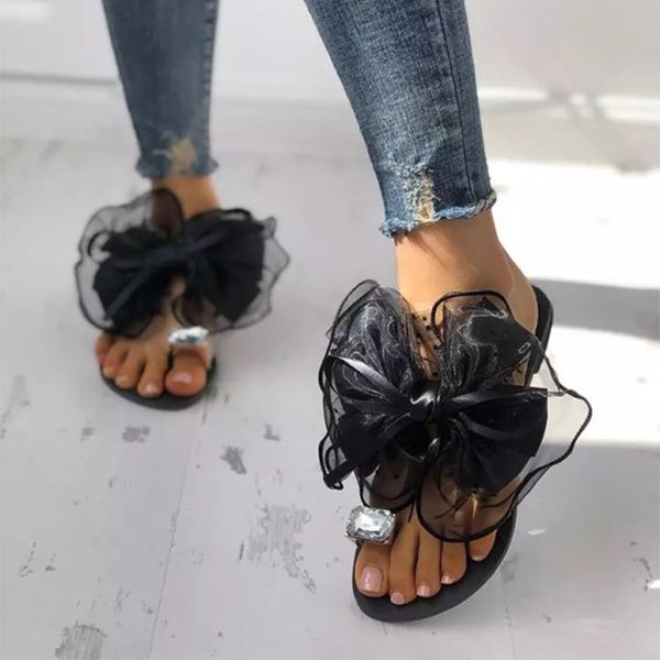 

slippers women summer flip flops crystal butterfly-knot chanclas mujer summer beach sandals girls slippers flat plus size 35-42, Black;grey