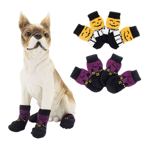 

halloween pet waterproof pumpkin socks anti-slip sole protectors, small medium dog dirty-proof feet cover calcetines perro