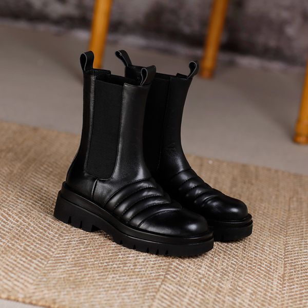 

mid-calf boots elastic band genuine leather round toe platform chunky heels pumps basic shoes woman, Black