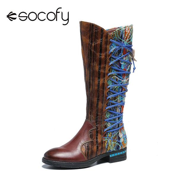 

socofy genuine boots leather bark pattern flat soft mid calf boots ladies shoes soft elegant shoes women 2020 new, Black