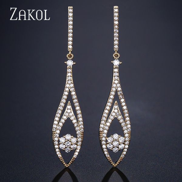 

zakol vintage cubic zirconia hollow long drop earrings with white color for women bridal wedding jewelry fsep2124, Silver