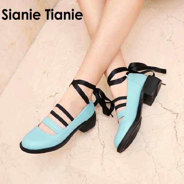 

sianie tianie 2020 spring autumn round toe blue red girls sweet lolita shoes chunky med heels students ladies pumps mary janes, Black
