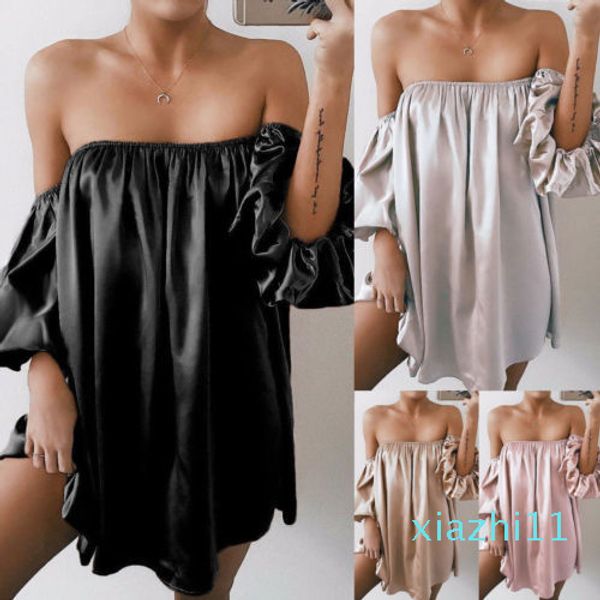 

summer solid pink lady female women clothes long bell sleeve loose lantern ruffled above knee mini flounce casual dress, Black;gray