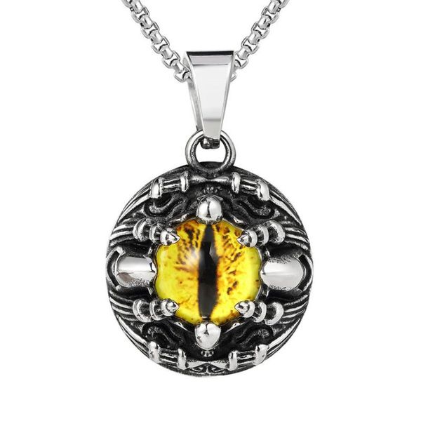 

new arrival unique feather stainless steel pendant necklace devil yellow blue red eye stone gothic jewelry men, Silver