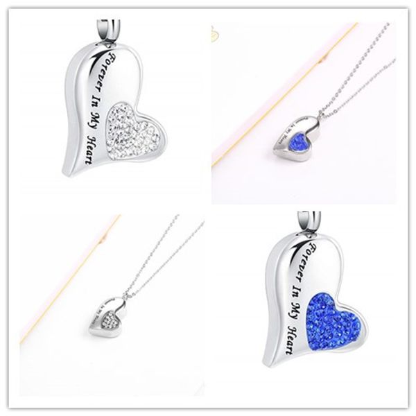 

cremation jewelry with crystal always in my heart stainless steel memorial urn necklace for ashes of loved one keepsake, Silver