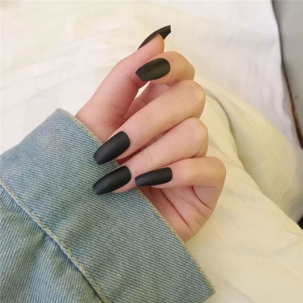 

24pcs/box new matte black square long fake nails with glue women fashion simple medium length artificial acrylic nails products, Red;gold