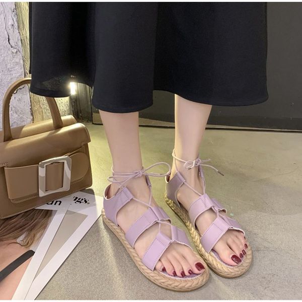 

flat sandal women lace up sweet girls sandal non slip beach sandalias casual fashion ladies shoes female 2020 new summer hot, Black
