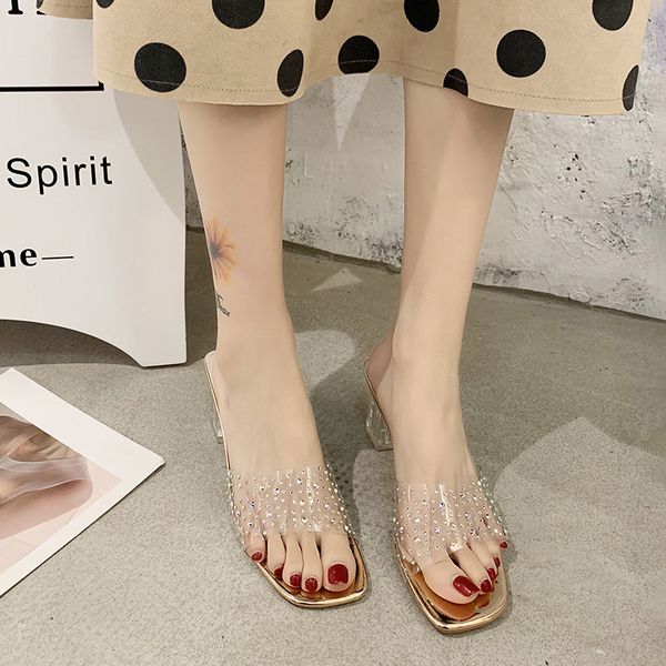 

slipper women's outer wear 2020 summer new style fashion chunky-heel sandals crystal transparent high-heel sandals slipper women, Black