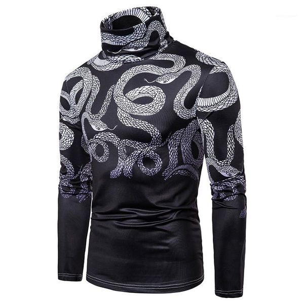 

long sleeve high collar clothing spring autumn casual mens tshirts snake printed mens designer tshirts fashion, White;black
