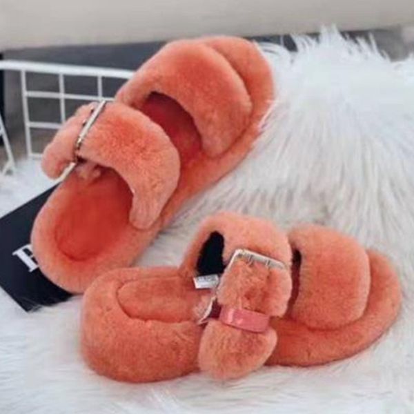 

mental buckle thick sole autumn fluffy women slippers shoes fur platform slippers flat bottomed large size women sandals, Black