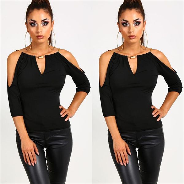 

new fashion women t shirt chic halter v neck summer off shoulder t shirt solid black ladies loose summer casual, White