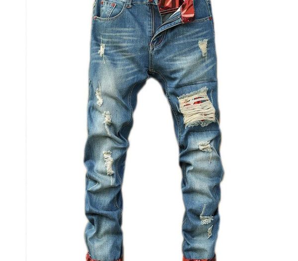 

mens casual straight jeans retro slim skinny jeans fashion designer ripped men hip hop light blue denim pants