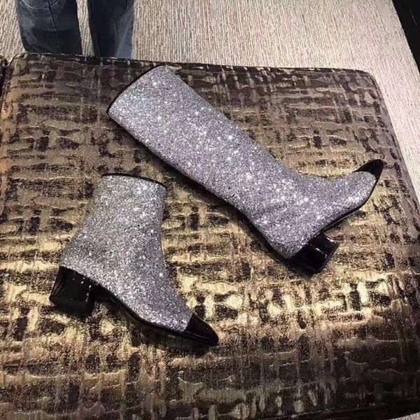 

spring women fashion black sliver bling bling sequins glitter square black leather toe med-heels knee high knight boots lady