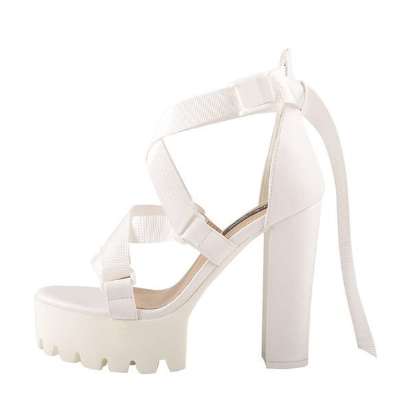

richealnana women's white balck peep toe ankle strap platform block heel sandals buckle criss cross strap heeled summer sandals, Black
