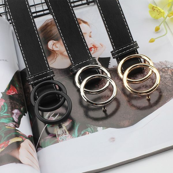 

gold silver buckle waist belts for lady jeans skinny thin leather straps fashion women double ring belt, Black;brown