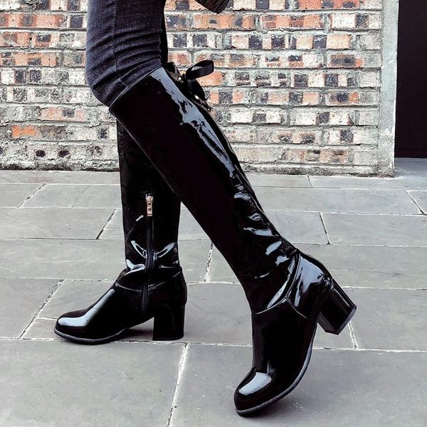 

новые женские сапоги зимние bow side zip круглый колено bare boots площади каблука повседневная длинные пробки пинетки cuissarde femme zapat, Black