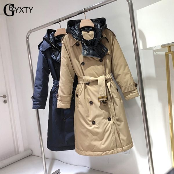 

gbyxty long trench down coat 2020 winter women hooded double breasted belt duck down jacket feather parka mujer overcoat za2146, Black;white