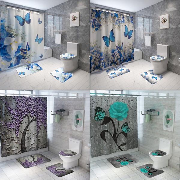 

shower curtains blue butterfly print curtain 4 piece carpet cover toilet bath mat pad set bathroom with hooks