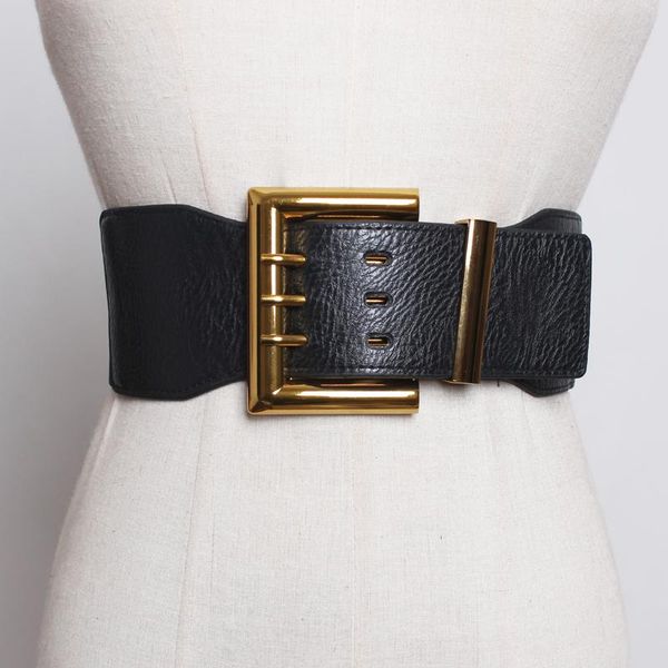 

2020 new fashion new metal big buckle pu leather super width elastic belt women dress coat decoration belt all match01, Black;brown