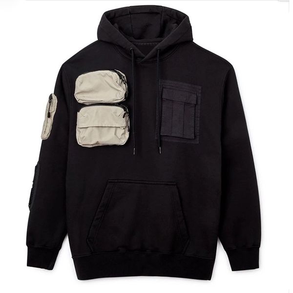 

20ss multiple 3d pockets hooded sweatshirt casual solid long sleeve pullover high street men women outdoor hoodies sweater hfymwy407, Black
