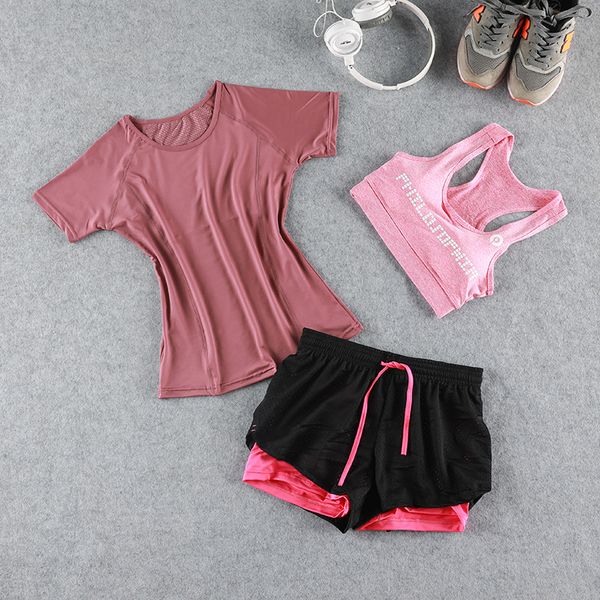 

run 3 piece yoga set sportswear for women sports t-shirt and bra fitness clothing women sports shorts gym workout shorts nylon, White;red