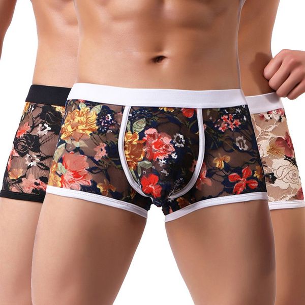 

men retro style breathable milk silk boxer shorts classical flower print tight male underwear low waist boxers underpants, Black;white