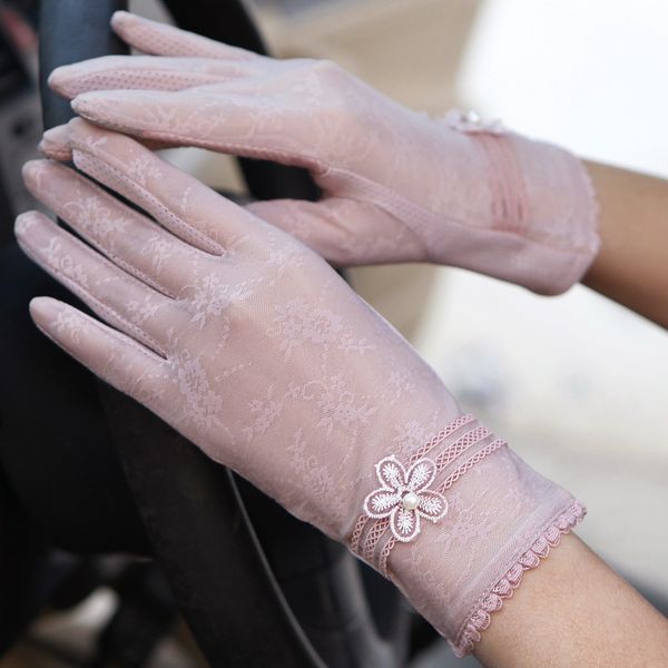 

five fingers gloves summer women lace sunscreen thin breathable touch screen anti-uv female exquisite flower elegant lady driving, Blue;gray