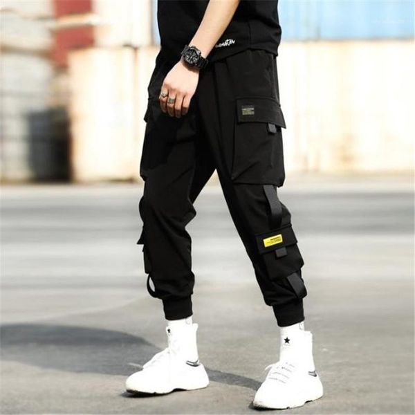 

панк брюки с ribbons вскользь тонкий jogger шаровары мужчины hip hop брюки streetwear hip hop black штанах мужчины эластичный пояс