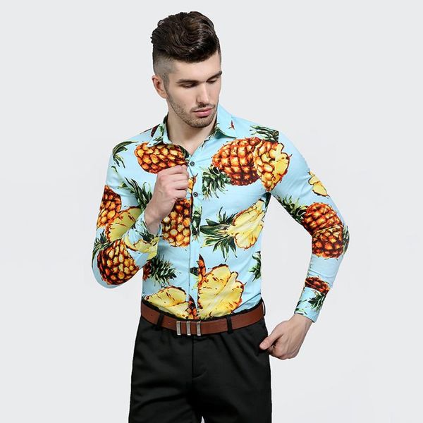 

pineapple printed spring autumn men shirt casual formal wear shirts business slim fit blouse chemise homme camisas hombre, White;black