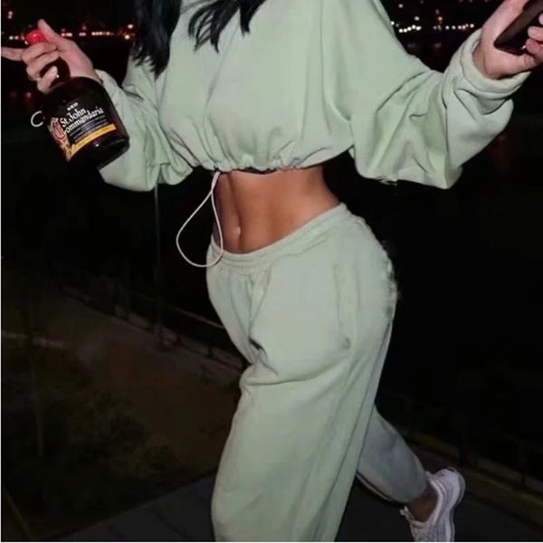 

running jerseys 2021 fashion drawstring sweatshirt women long sleeve solid loose pullover street hip hop dance sports casual crop, Black;blue