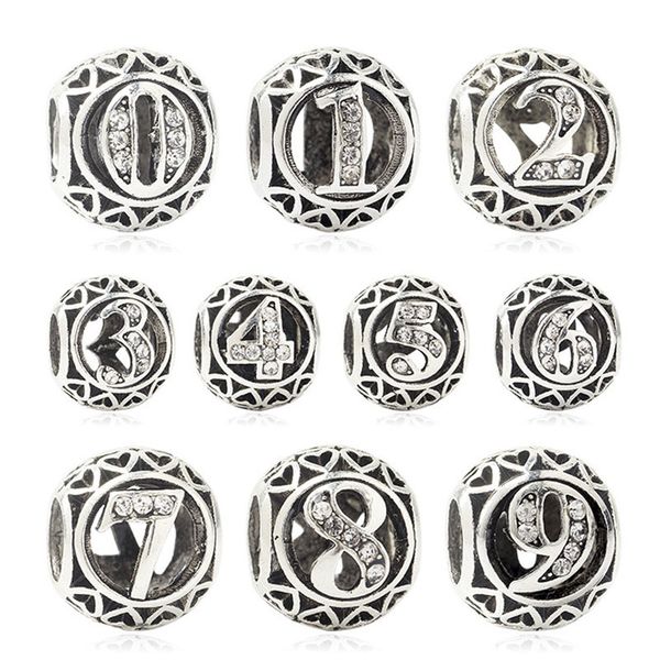 

number 0-9 charms round bead pendant jewelry adapting original pandora bracelet diy bangle & necklace accessories for women gift, Bronze;silver