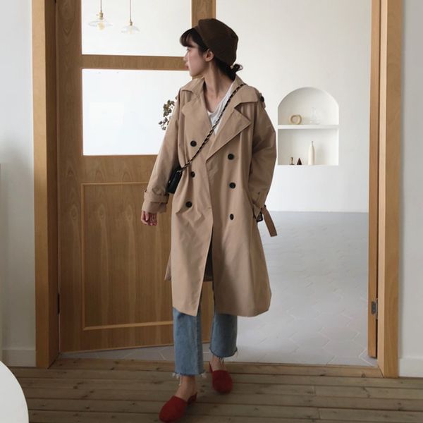 

autumn winter women's coat khaki belt long trench turn-down collar double breasted female casual office lady outwear, Tan;black