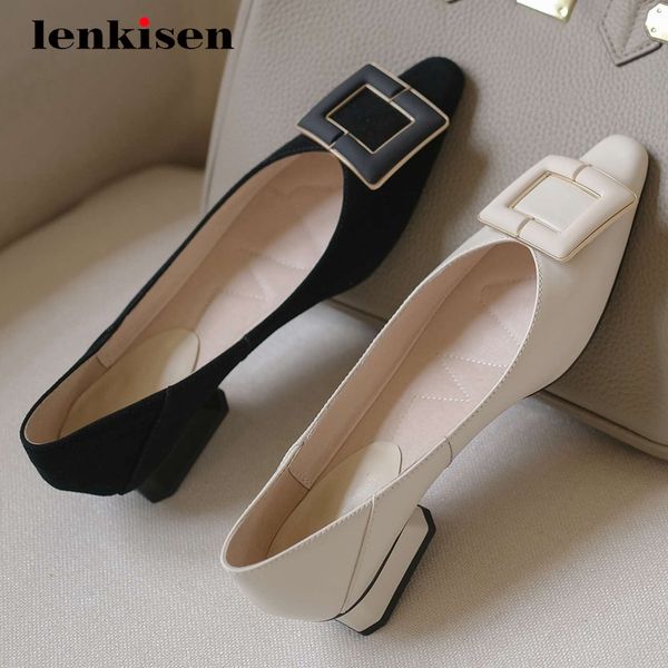 

lenkisen leisure genuine leather metal fasteners small square toe thick low heel slip on elegant lady mature women pumps l21, Black