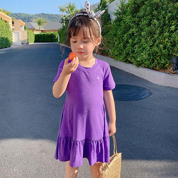 

summer new girl's dress waist fold shiny casual dress baby girl's cotton backless solid color princess female kids clothes, Red;yellow