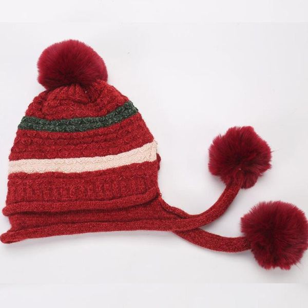 

winter warm knitted fleece hats for women thick faux fur pompom hat female slouchy beanie toque knitted hat wine red black white, Blue;gray