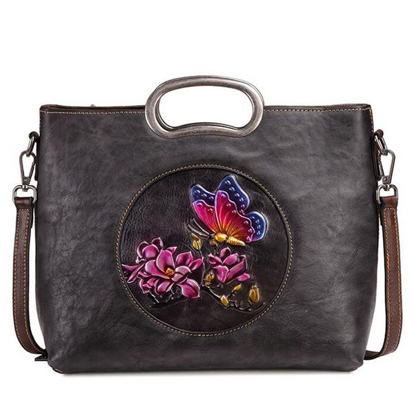 

natural skin tote shoulder female bags floral pattern vintage design women genuine leather messenger bag handbag