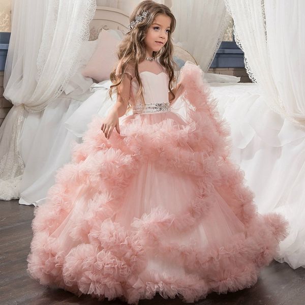 

2019 New Flower Girl Dresses Blush Pink First Communion Gowns For Girls Ball Gown Cloud Beaded Pageant Gowns Vestido De Daminha