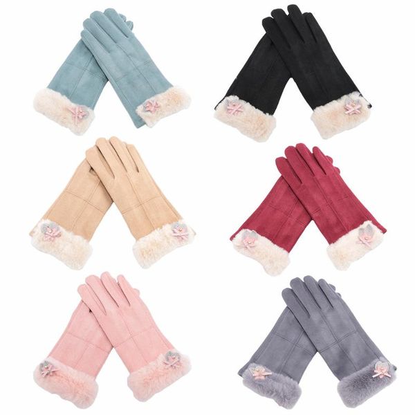 

five fingers gloves winter female warm solid bowknot touch screen mittens cashmere full finger driving fashion outdoor sport, Blue;gray