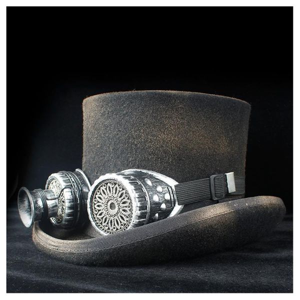 

100% wool men women er hawith gear glasses fedoras rock band hat retro spray paint steam punk magician hat, Blue;gray