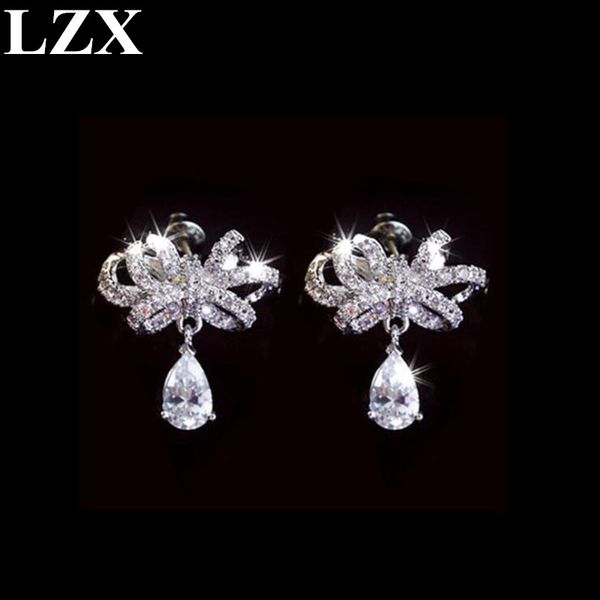 

stud lzx trendy earring white gold color zirconia cute bow knot shape earrings for women fashion party jewelry, Golden;silver