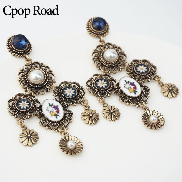 

pearl gothic earrings women blue rhinestone statement flower drop earrings new vintage jewelry silver color needle accessories